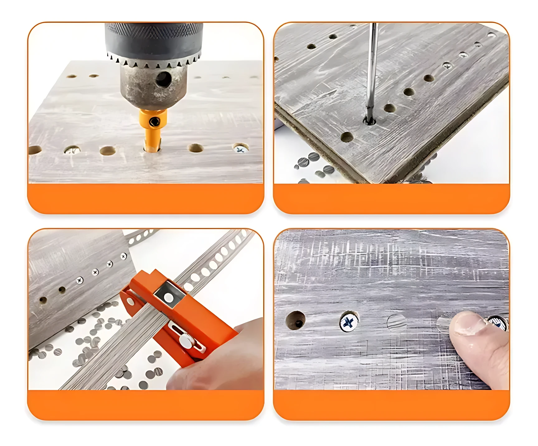 Alicate naranja para perforar y ocultar tornillos en muebles de madera, mostrando uso en ensamblaje con superficie limpia y profesional.
