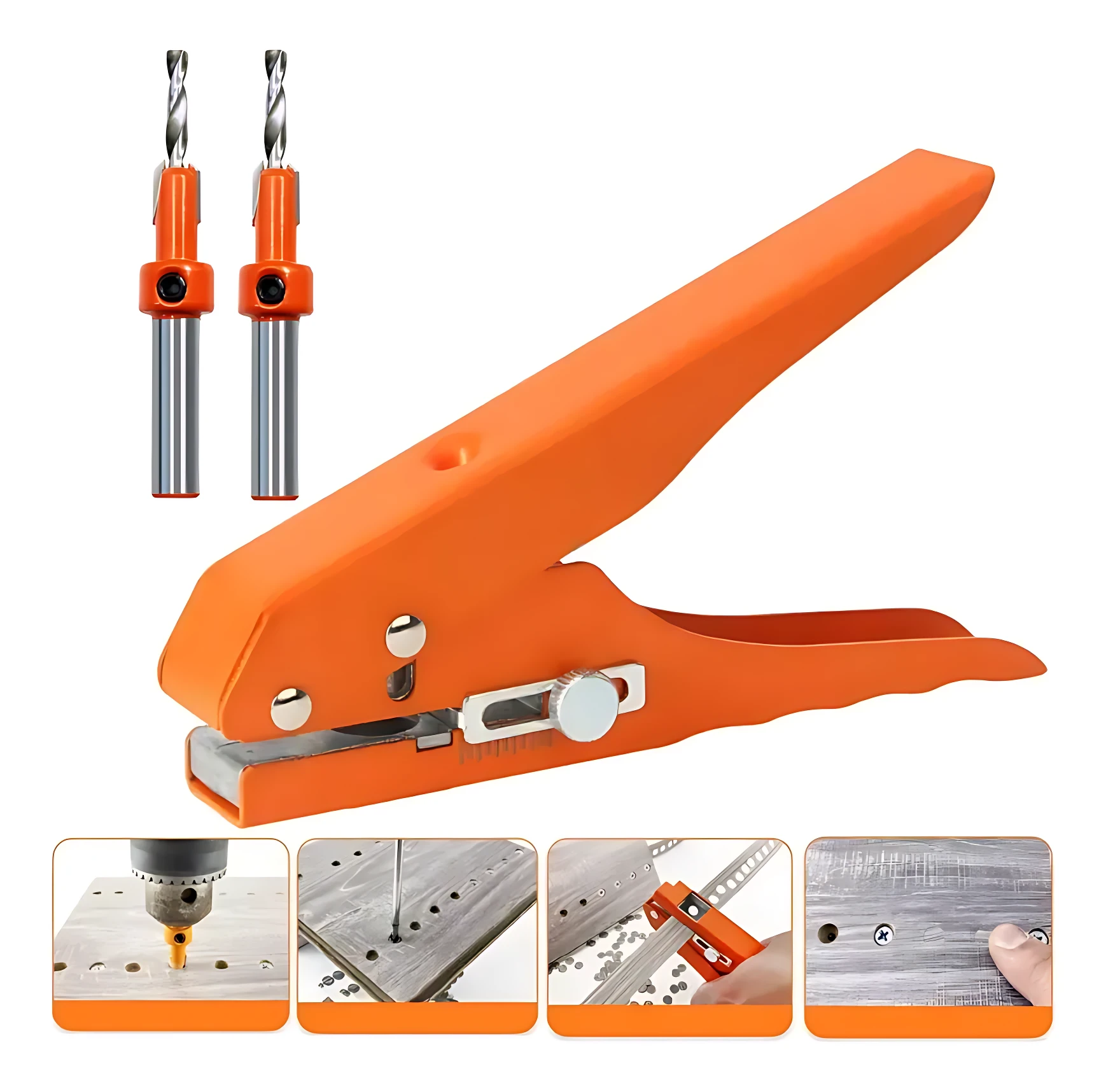 Alicate naranja para ocultar tornillos en muebles, con dos brotes incluidos. Herramienta de mano con mango ergonómico y mecanismo de presión, ideal para acabados limpios.