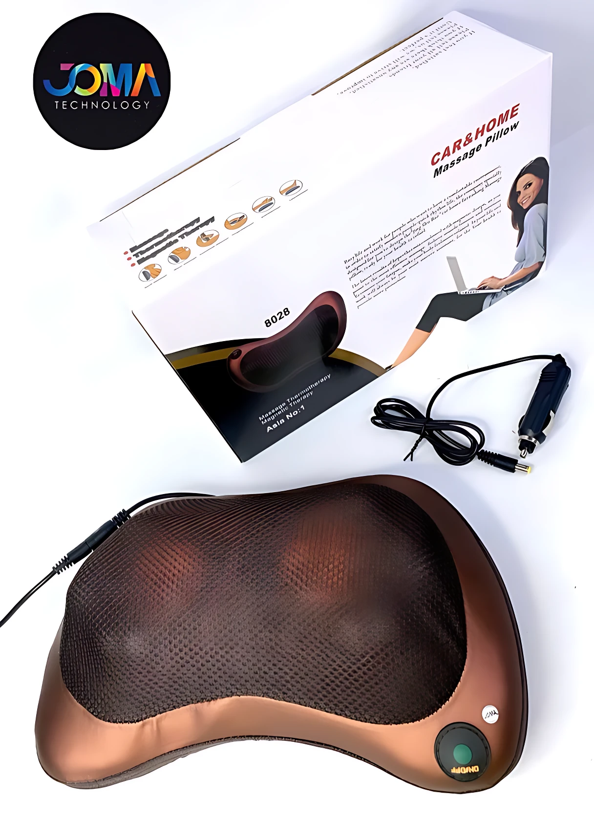 Almohada masajeador de cuello y espalda en color cobre con nodos rotativos, cable de alimentación y caja de presentación.