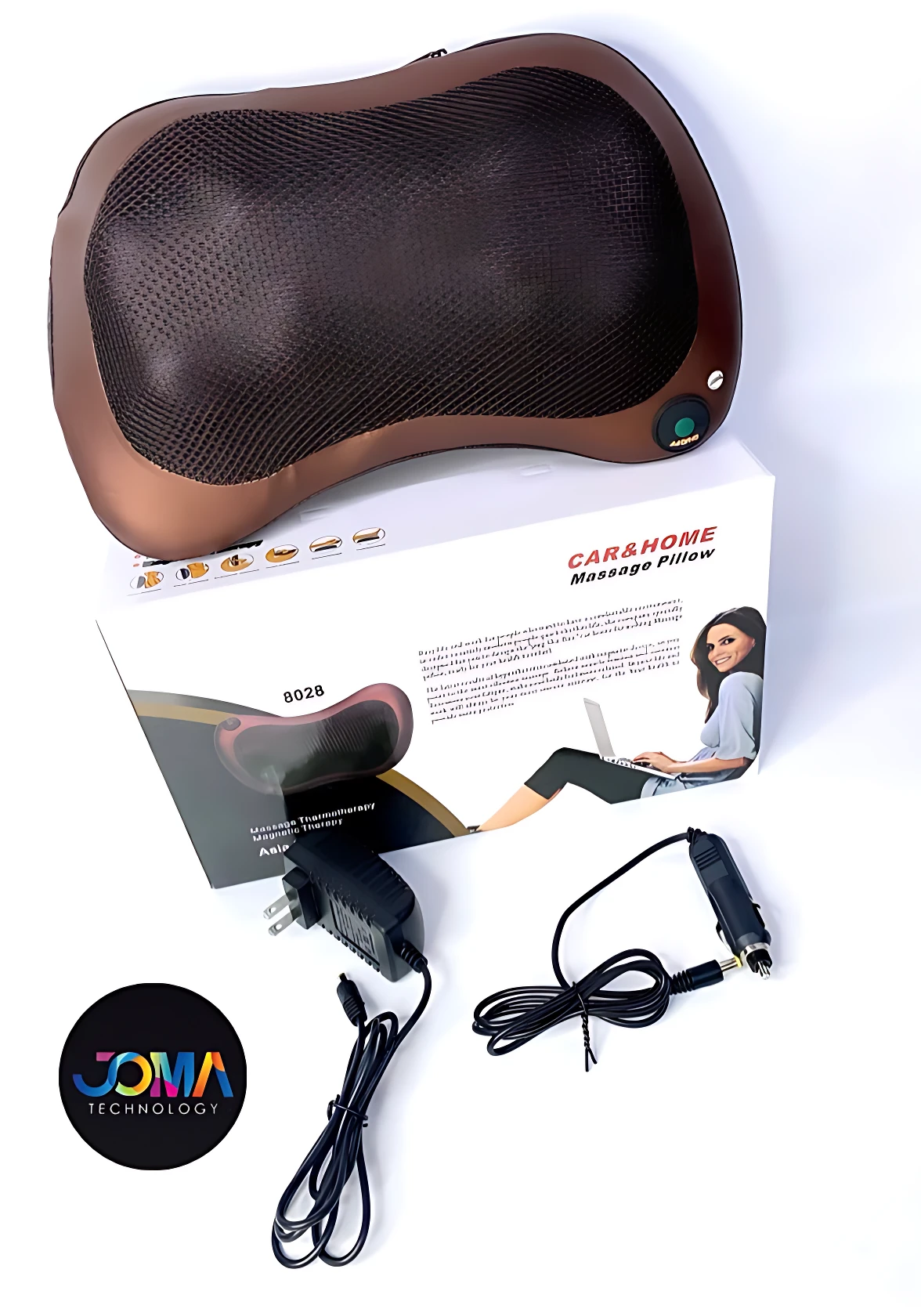 Almohada masajeador de color marrón con textura de malla, junto a su caja, cargador y adaptador de encendedor de auto.