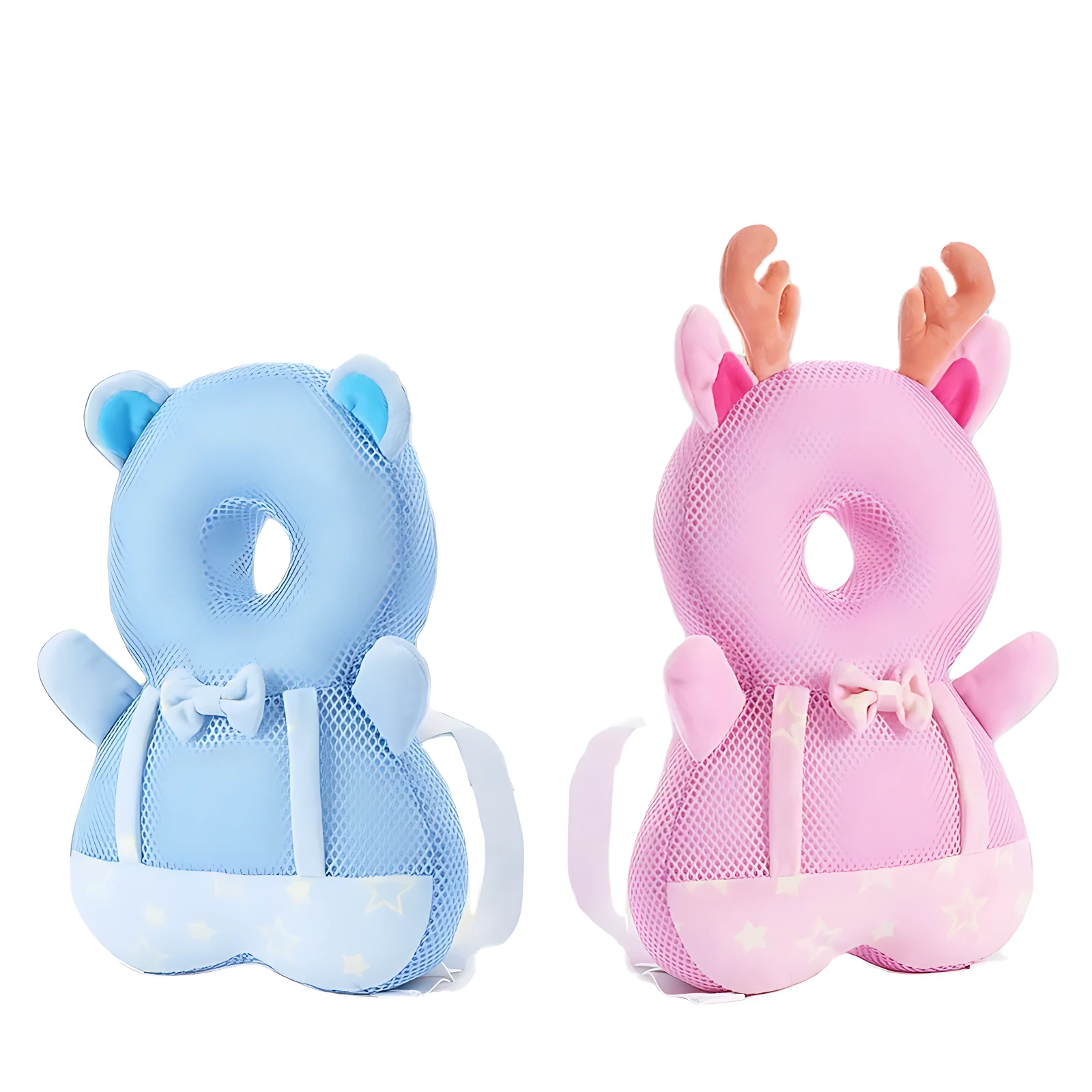 Almohada mochila antigolpes para bebé en azul y rosa, con diseño de animalito, orejas, cuernos y lazo, vista posterior sobre fondo blanco.