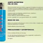 Botella azul de 160 ml de aceite corporal antiestrias Piel de Oro, con etiqueta vertical que muestra “ANTIESTRIAS” en letras grandes y detalles de almendras y zanahoria en el diseño.