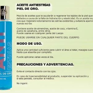 Botella azul de 160 ml de aceite corporal antiestrias Piel de Oro, con etiqueta vertical que muestra “ANTIESTRIAS” en letras grandes y detalles de almendras y zanahoria en el diseño.