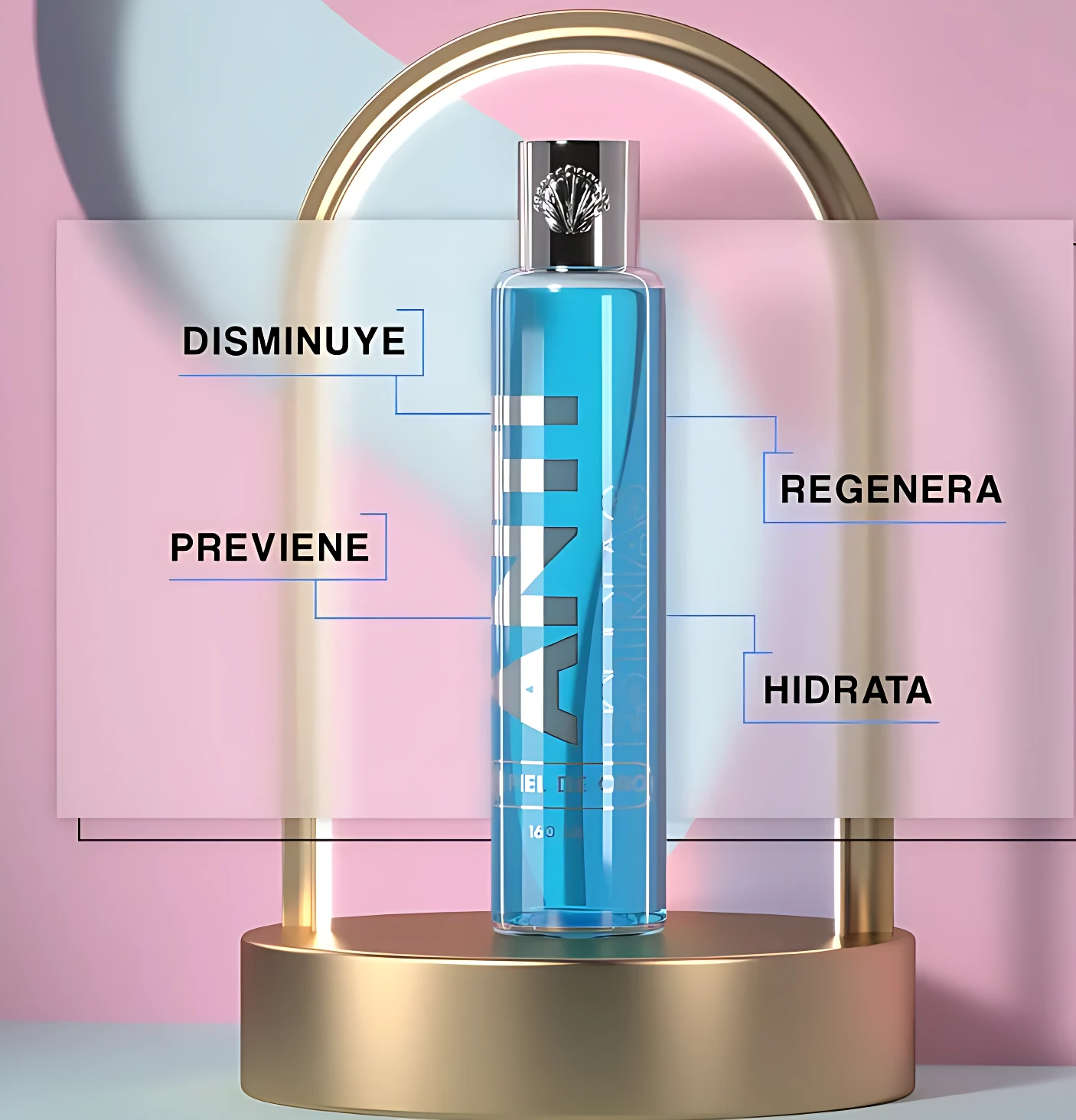 Botella de aceite corporal azul con etiqueta que dice "Anti Estrias", sobre base dorada con arco metálico, fondo rosa y azul claro.