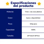 Especificaciones del producto: vaso plástico Tritán + ABS, 500ml, 423g aprox, dimensiones 19x7,8x7,48 cm, color sujeto a disponibilidad.
