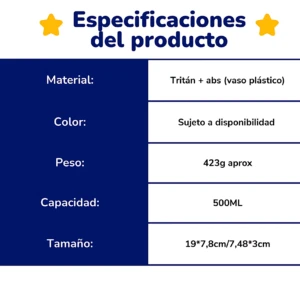 Especificaciones del producto: vaso plástico Tritán + ABS, 500ml, 423g aprox, dimensiones 19x7,8x7,48 cm, color sujeto a disponibilidad.