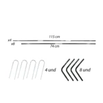 Portería de microfútbol plegable con varillas de fibra de vidrio, incluye 4 postes de 115 cm y 8 de 74 cm, junto a 4 soportes metálicos y 8 conectores negros.