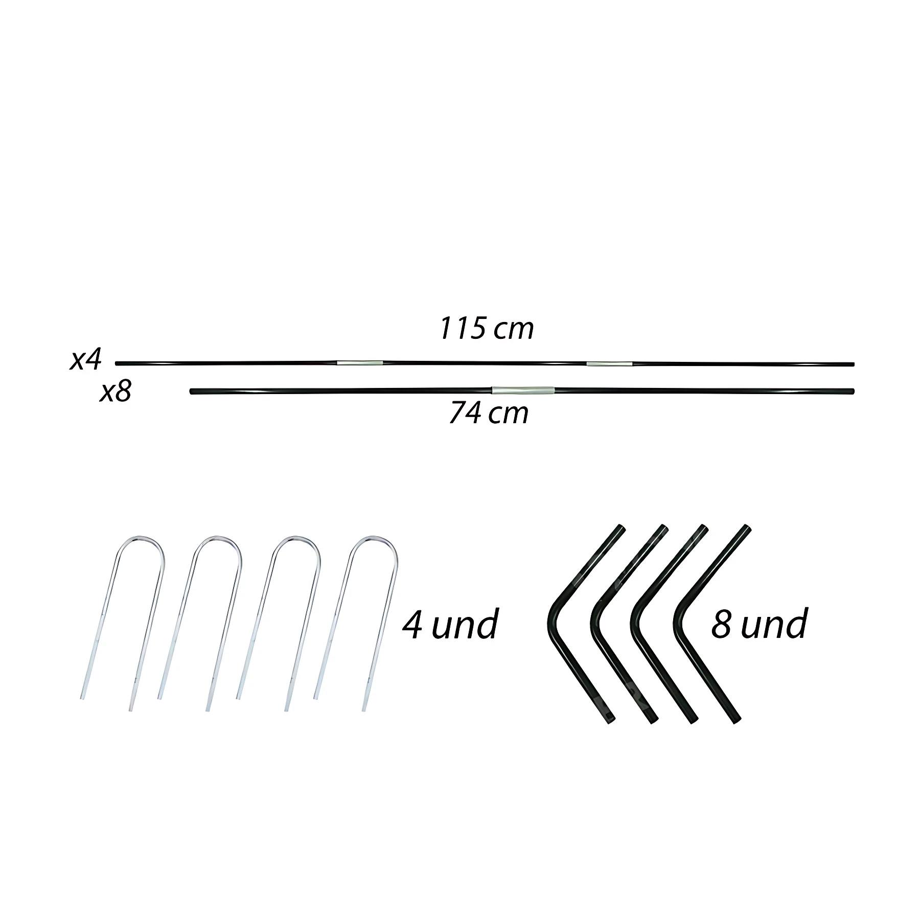 Portería de microfútbol plegable con varillas de fibra de vidrio, incluye 4 postes de 115 cm y 8 de 74 cm, junto a 4 soportes metálicos y 8 conectores negros.