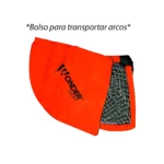 Bolso naranja para transportar arcos de microfútbol, con logotipo Wonder Sport y malla interior visible.