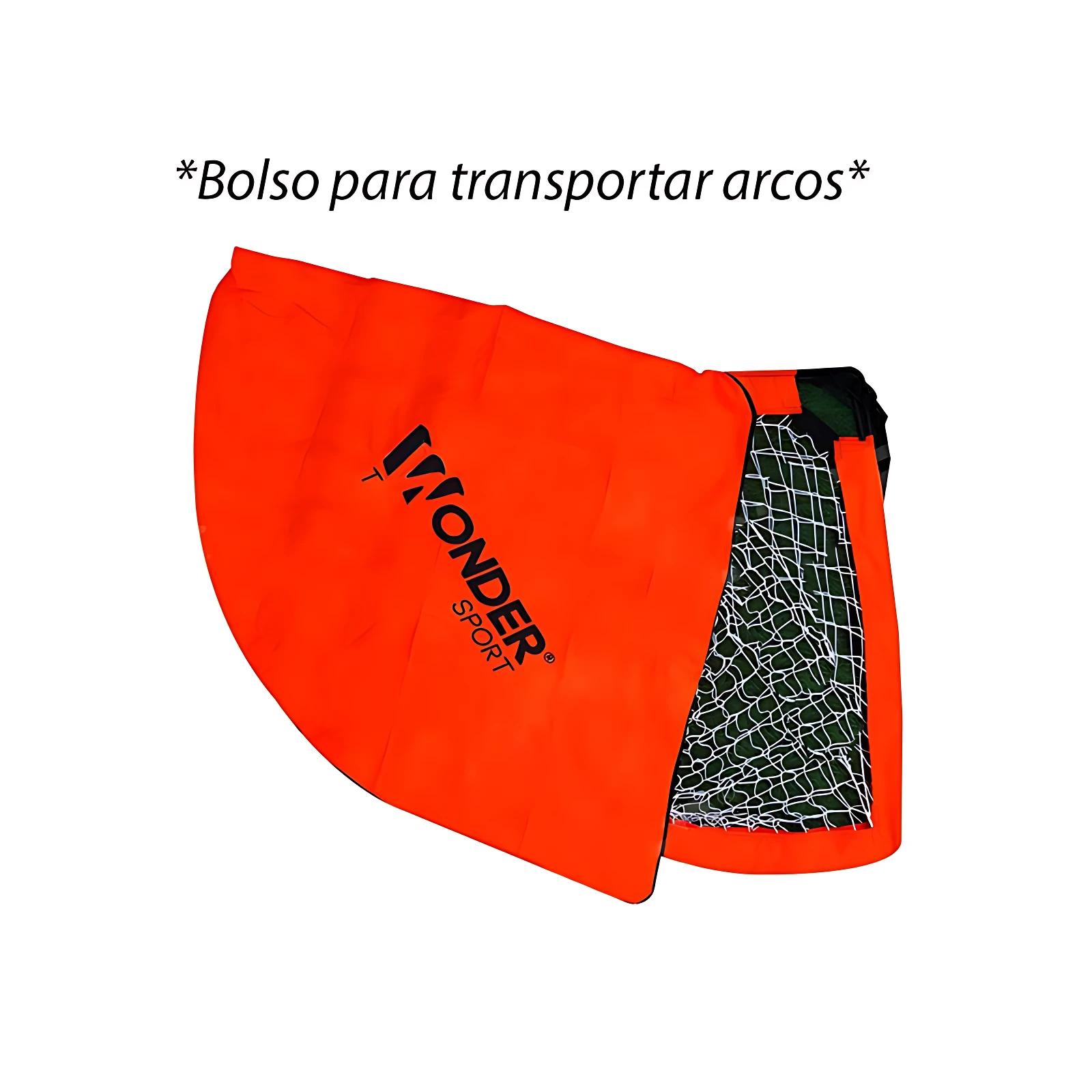 Bolso naranja para transportar arcos de microfútbol, con logotipo Wonder Sport y malla interior visible.