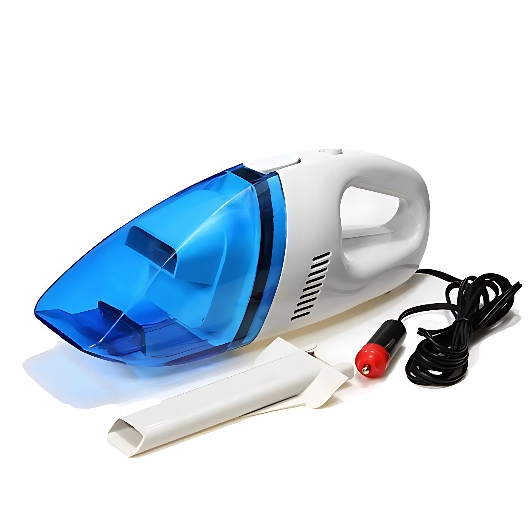 Aspiradora eléctrica para carro en color blanco y azul, con boquilla plana incluida y cable de alimentación con conector de encendedor.