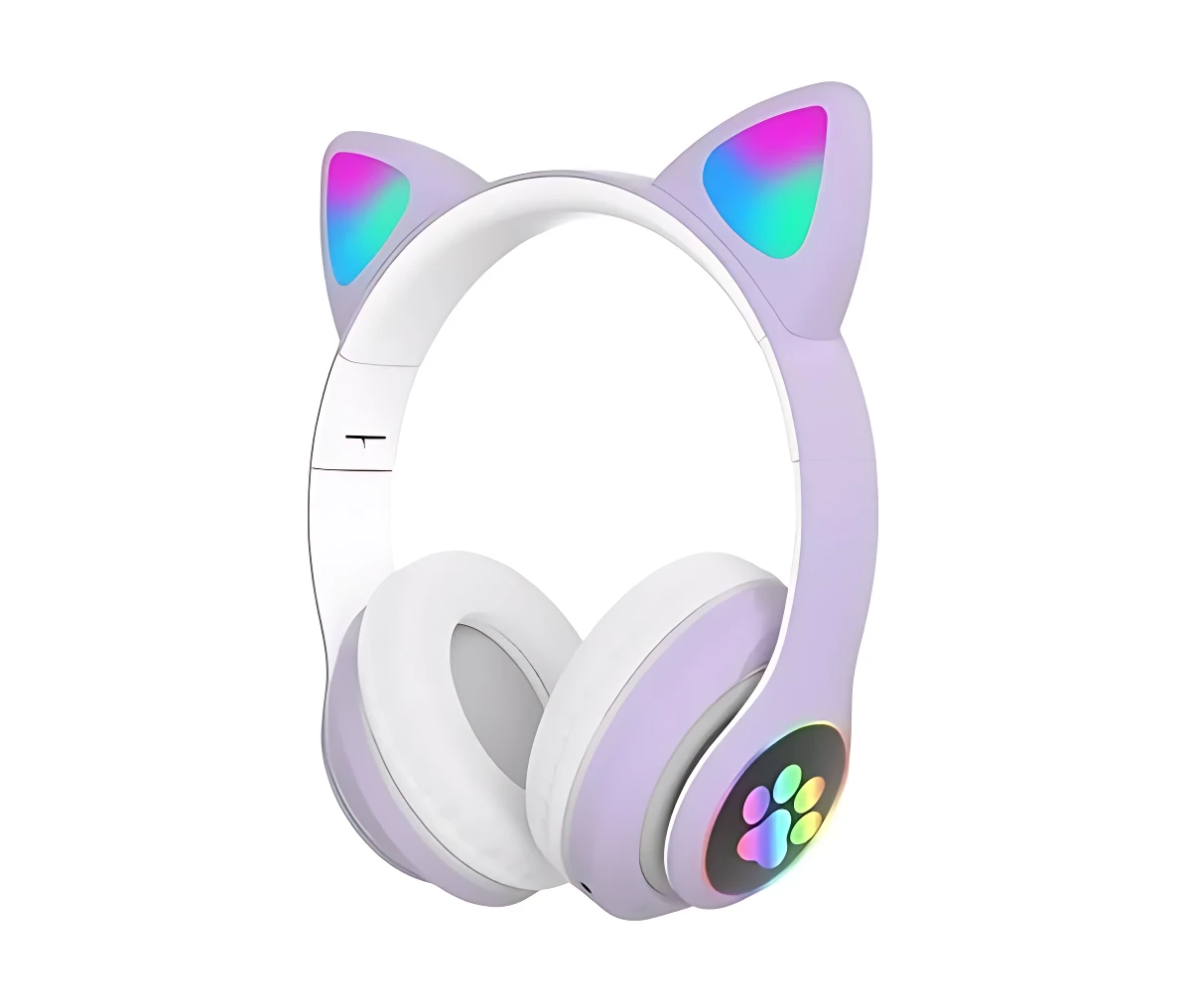 Auriculares diadema blancos con orejas de gato en tonos pastel y luces LED multicolor en la copa derecha.