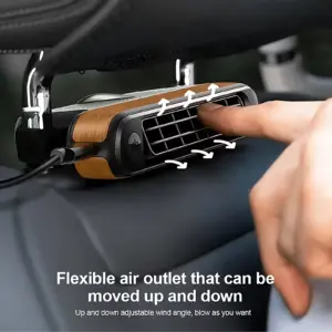 Ventilador para reposacabezas trasero con acabado en madera y rejilla ajustable, montado en asiento de auto con cable USB conectado.