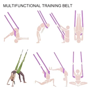Infografía con seis ilustraciones en tonos pastel que muestran posiciones de yoga y entrenamiento con bandas elásticas de colores morado y verde, usadas para ejercicios de fuerza y flexibilidad.