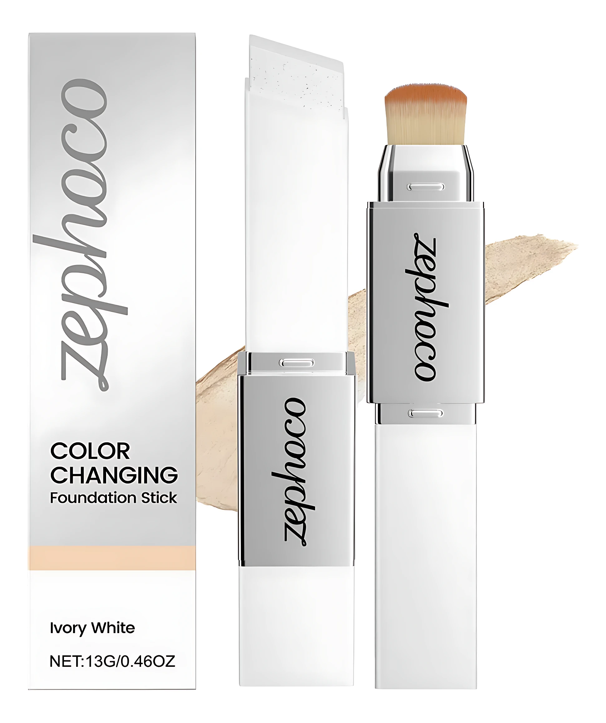 Base de maquillaje en barra Zephco, color Ivory White, con cepillo integrado y empaque blanco; muestra textura cremosa y tono natural.