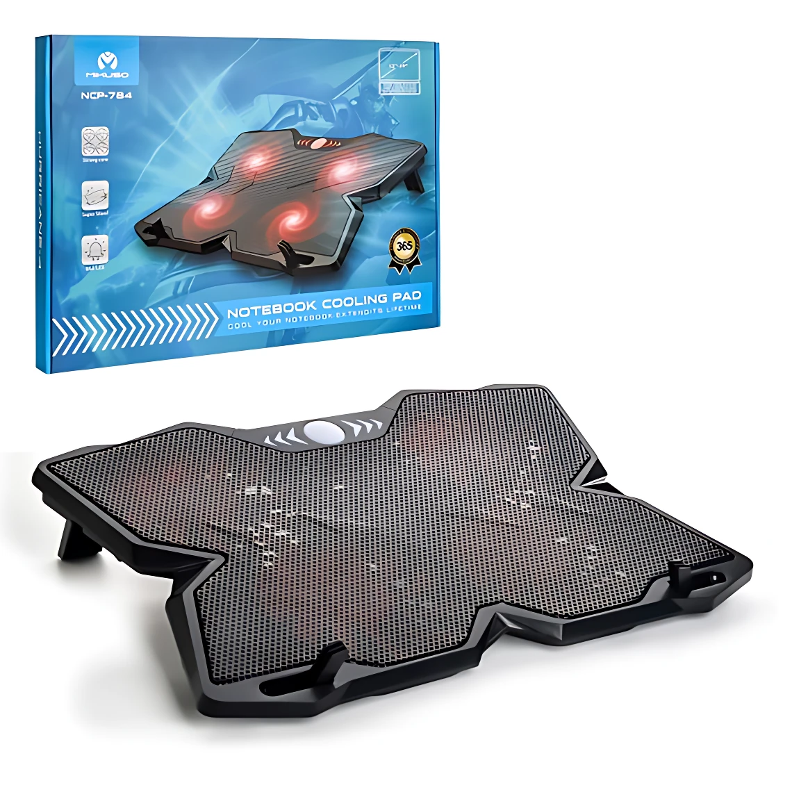 Base refrigerante Mikuso NCP-784 con cuatro ventiladores rojos, diseño ergonómico en negro con rejilla metálica y soporte ajustable para portátiles.