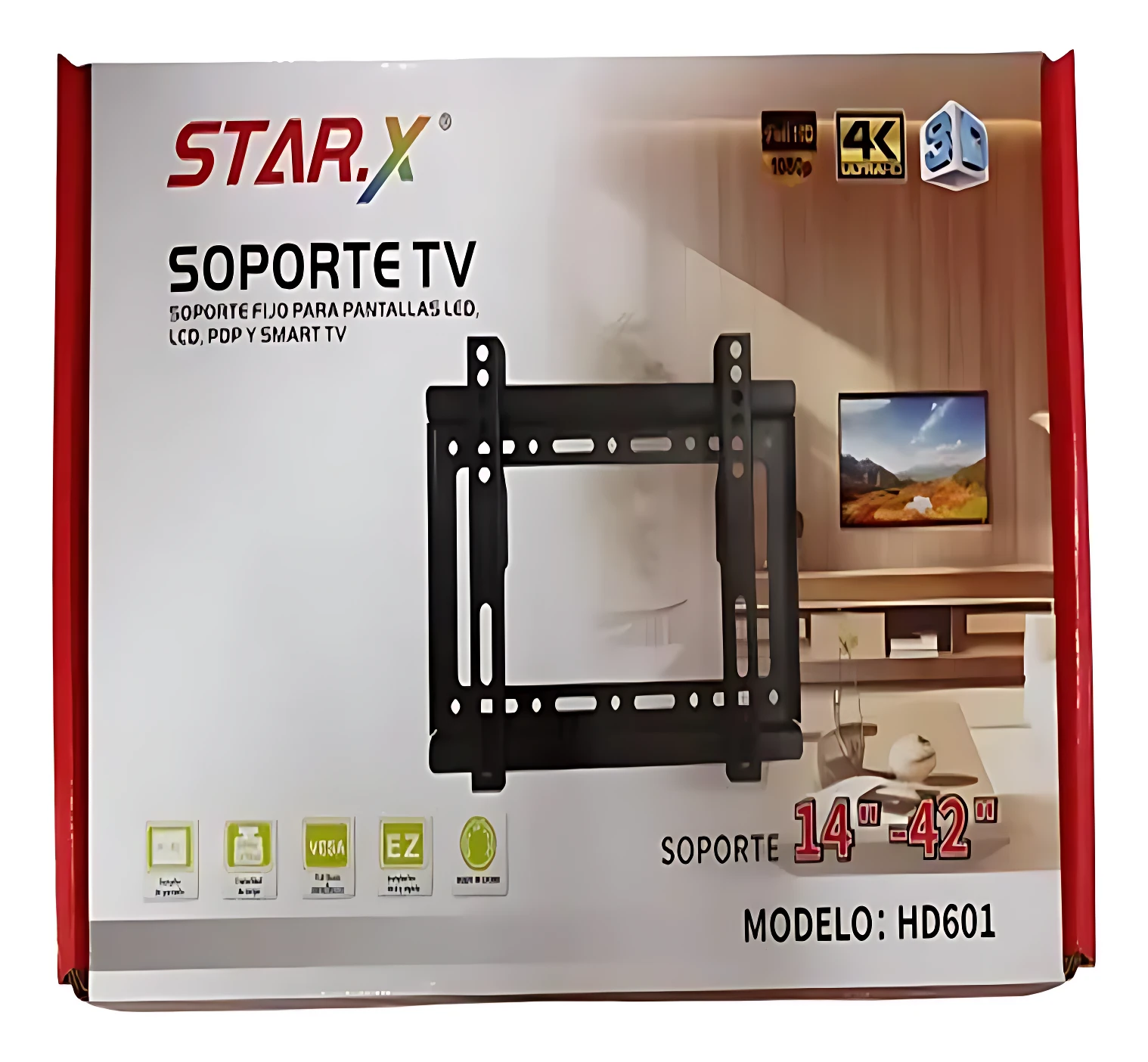 Soporte fijo para TV de 14 a 42 pulgadas, modelo HD601, color negro, con montaje en pared y soporte para pantallas LCD, LED y Smart TV.