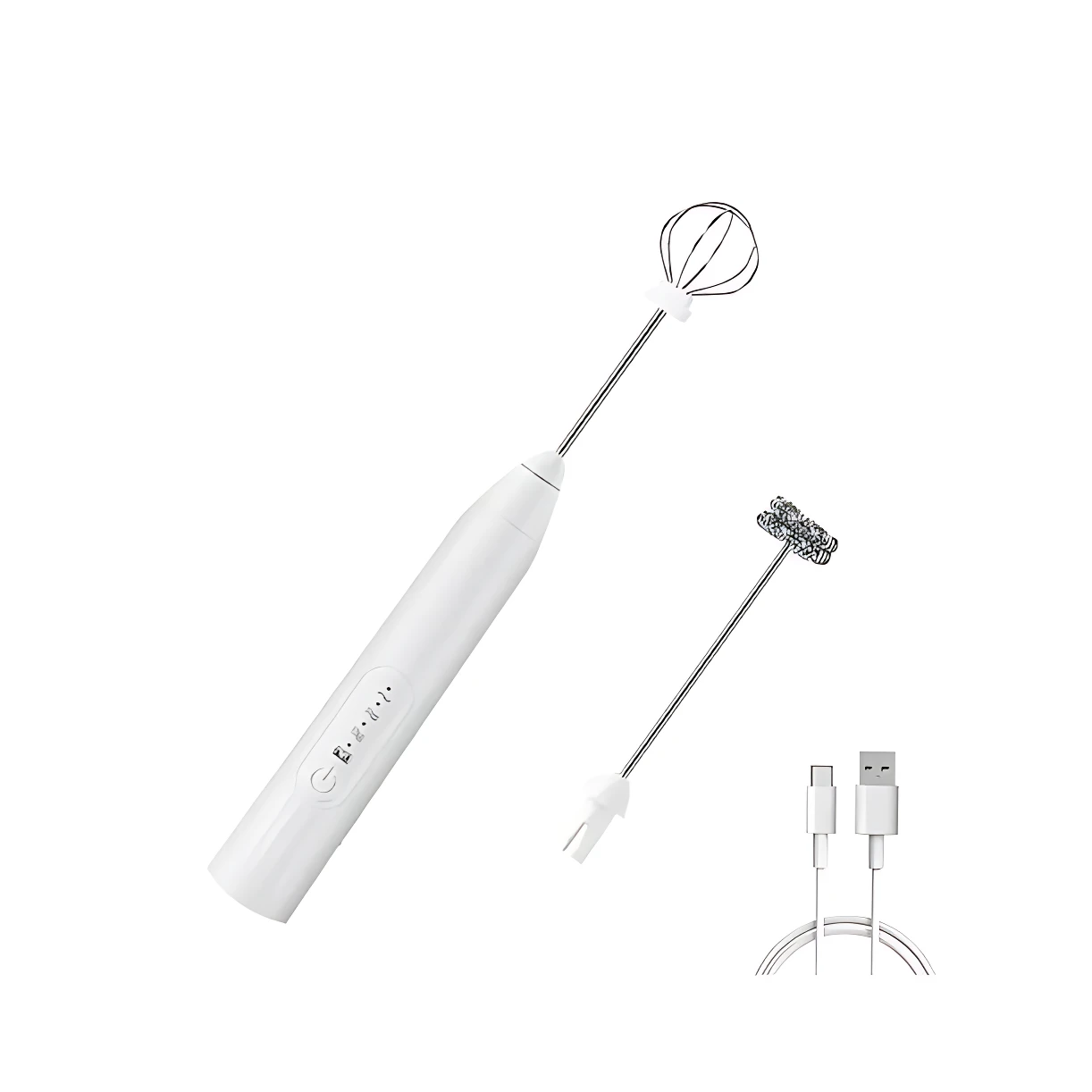Batidora portátil blanca con dos accesorios intercambiables: batidor de alambre y espumador, junto con cable USB de carga.