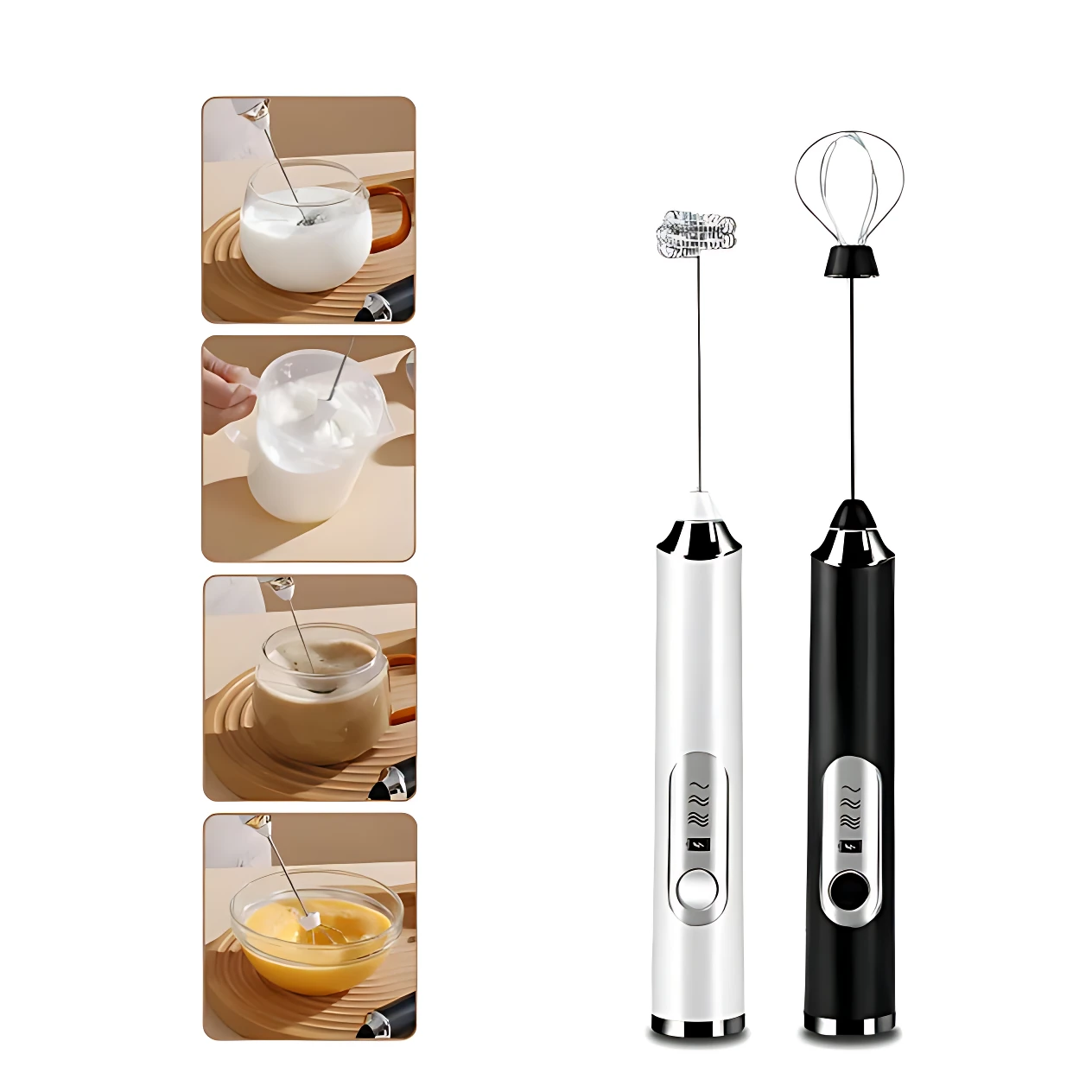 Batidora 2 en 1 con espumador de 3 velocidades, disponible en blanco y negro; incluye accesorios para leche texturizada y espumas densas.