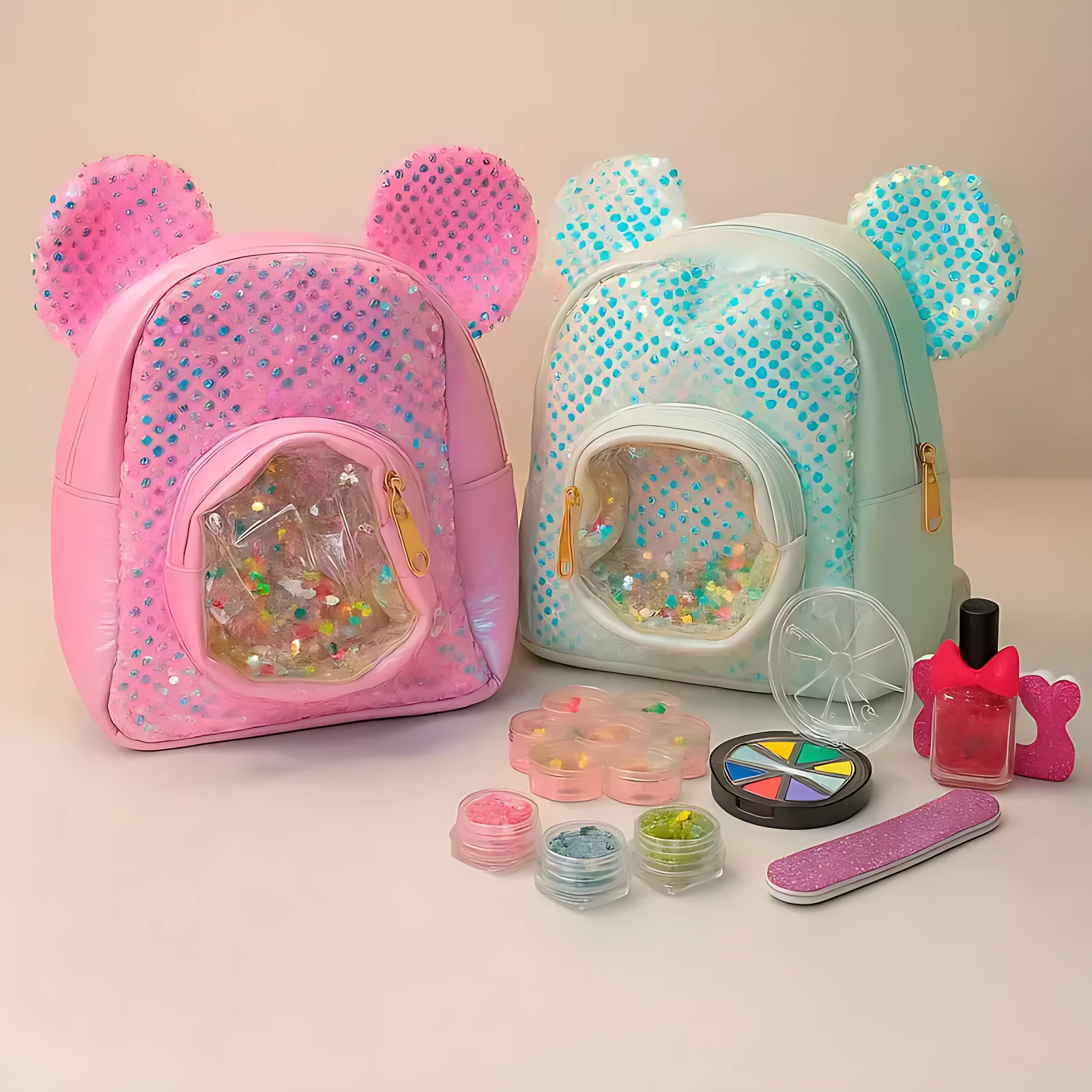 Bolso de juguete con maquillaje reversible y glitter - Organiza accesorios de belleza para fiestas infantiles