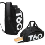 Bolso deportivo T60 negro con compartimento aislado para zapatos, mostrando versión mochila y maleta con calzado amarillo incluido.