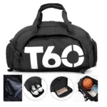 Bolso deportivo negro con logo blanco T60, incluye compartimento aislado para zapatos, baloncesto y accesorios.