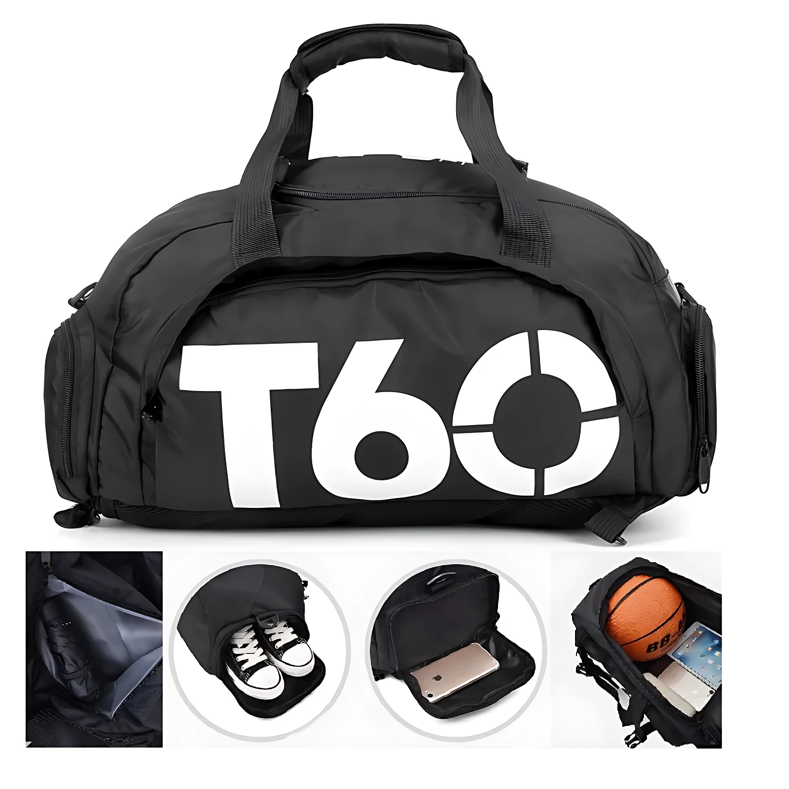 Bolso deportivo negro con logo blanco T60, incluye compartimento aislado para zapatos, baloncesto y accesorios.