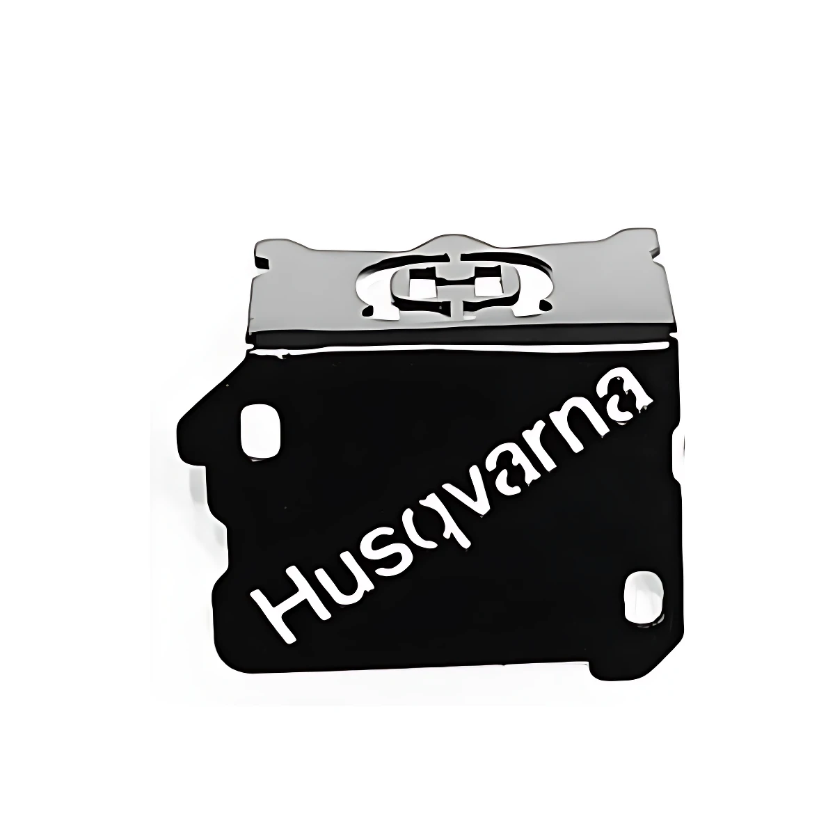 Protector de disco freno delantero Svartpilen en acero inoxidable, con logotipo Husqvarna en blanco sobre superficie negra brillante.