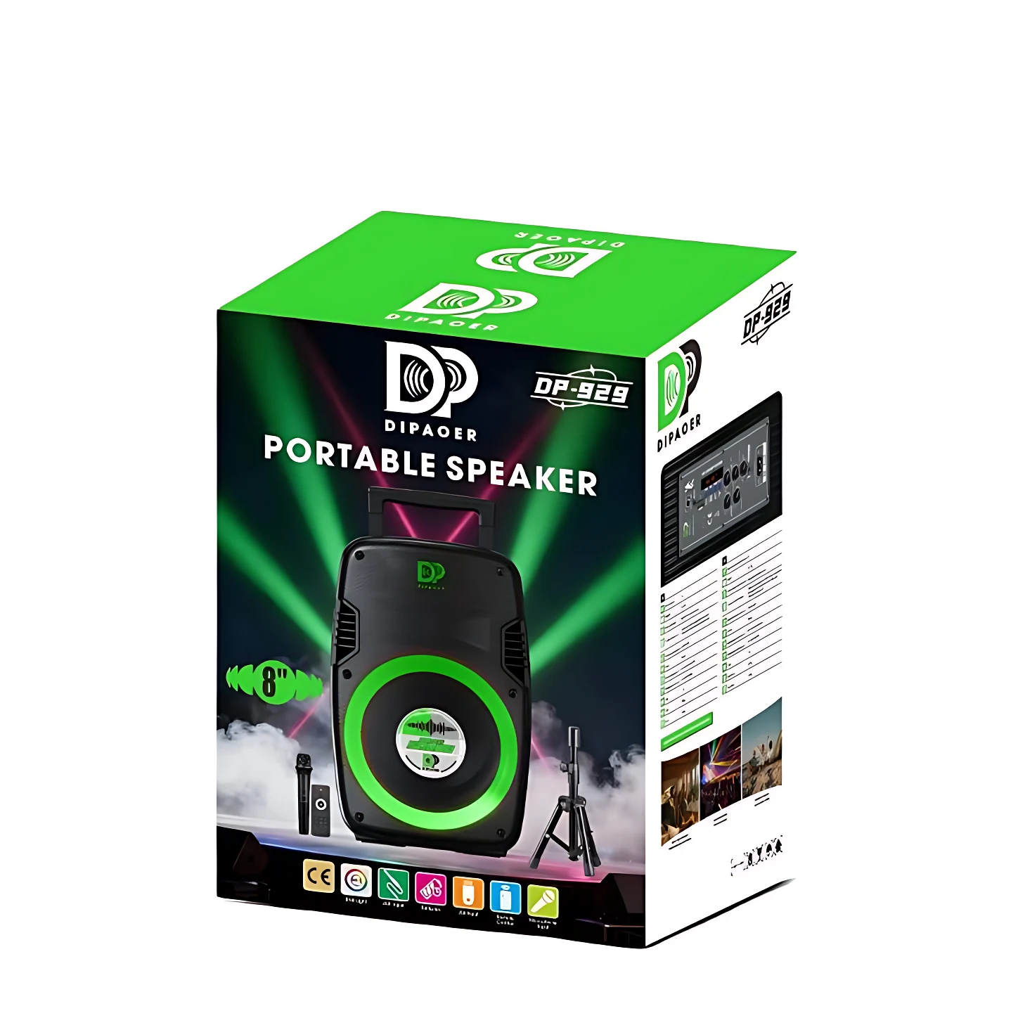 Caja del altavoz portátil Dipager DP-929 en color negro con acentos verdes, mostrando el dispositivo principal, micrófono inalámbrico y trípode, sobre fondo oscuro con efectos de luz láser verde.