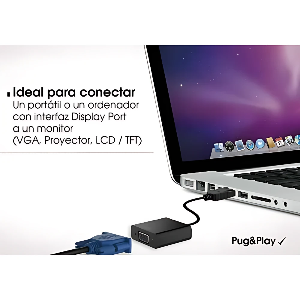 Adaptador DisplayPort a VGA Handa negro con cable, conectado a laptop plateada y monitor VGA azul, ideal para proyectar contenido en pantallas antiguas.