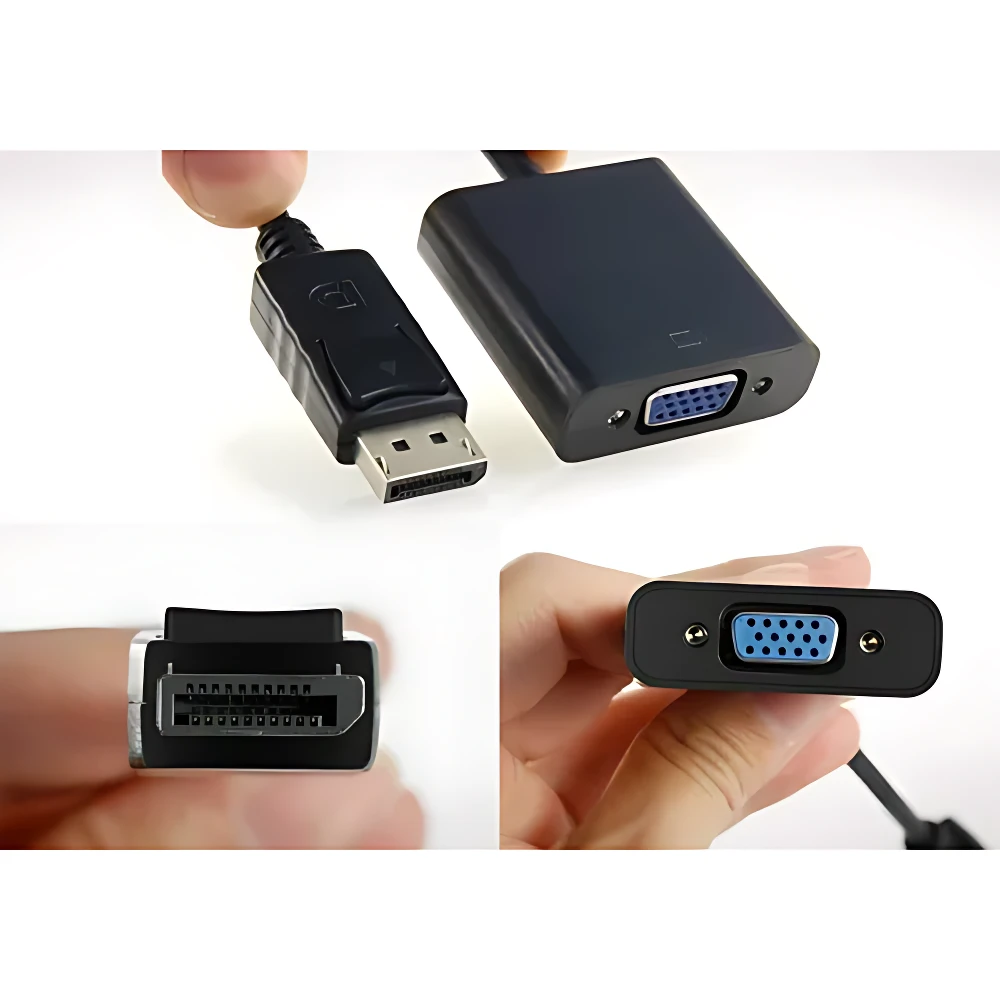 Adaptador DisplayPort a VGA Handa con audio, negro, mostrando conector USB, puerto VGA azul y terminal DisplayPort en manos.