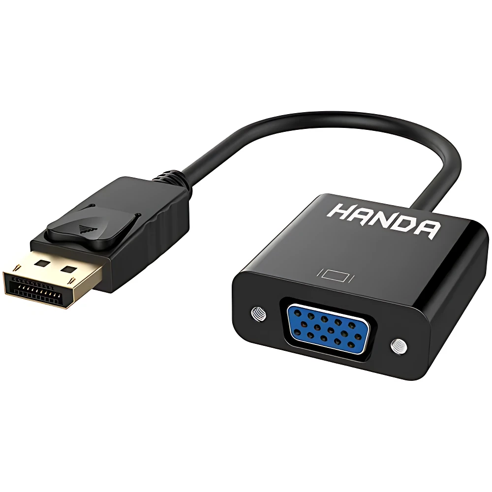 Adaptador DisplayPort a VGA Handa con cable corto negro, conector dorado y puerto azul, ideal para conectar laptop a proyector o monitor antiguo.