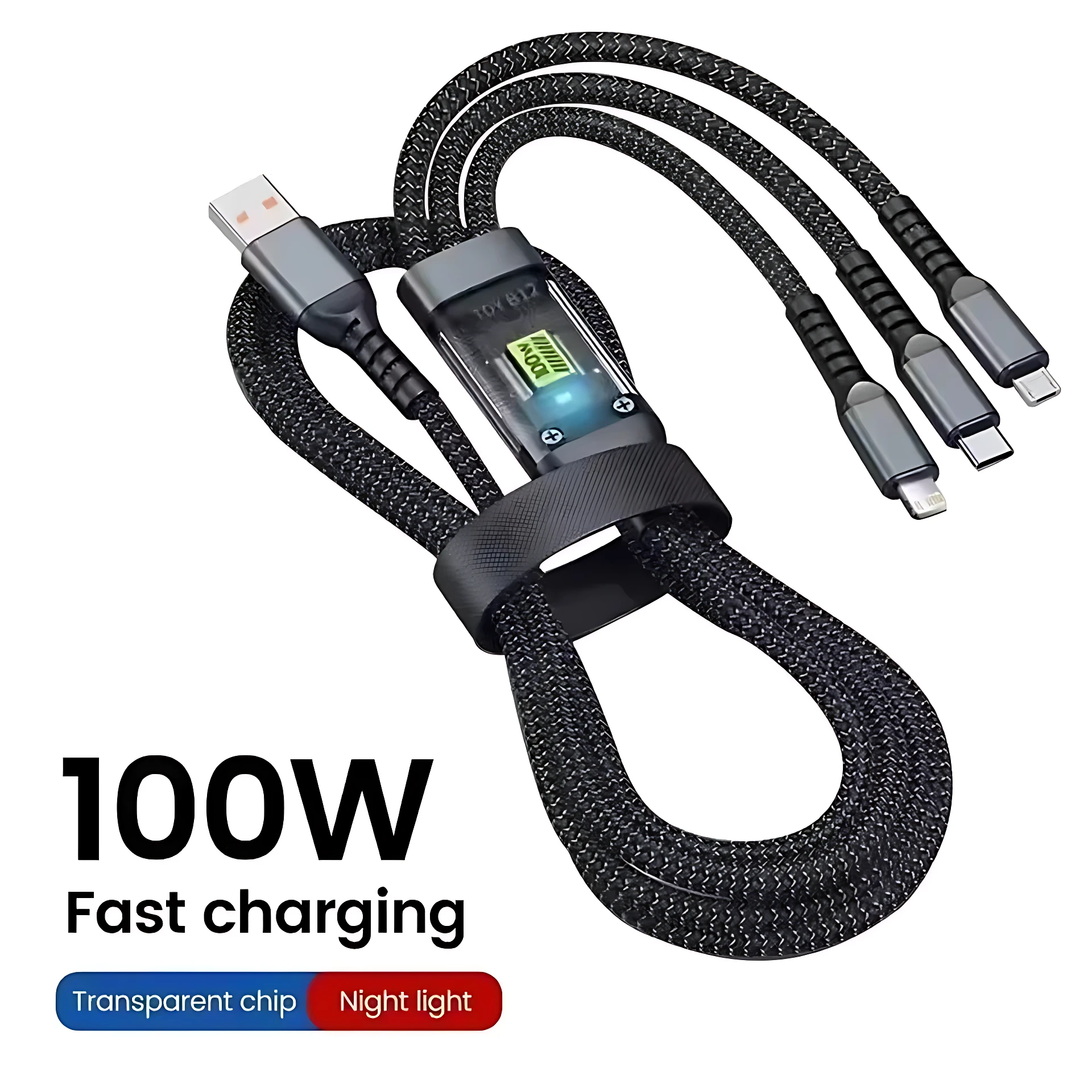 Cable trenzado negro con conector USB-A y tres salidas USB-C, LED indicador de carga y correa de sujeción.