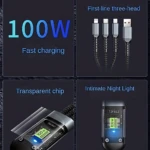 Cable trenzado negro con tres conectores USB-C y uno USB-A, diseñado para carga rápida de 100 W. Incluye chip transparente y luz nocturna integrada.