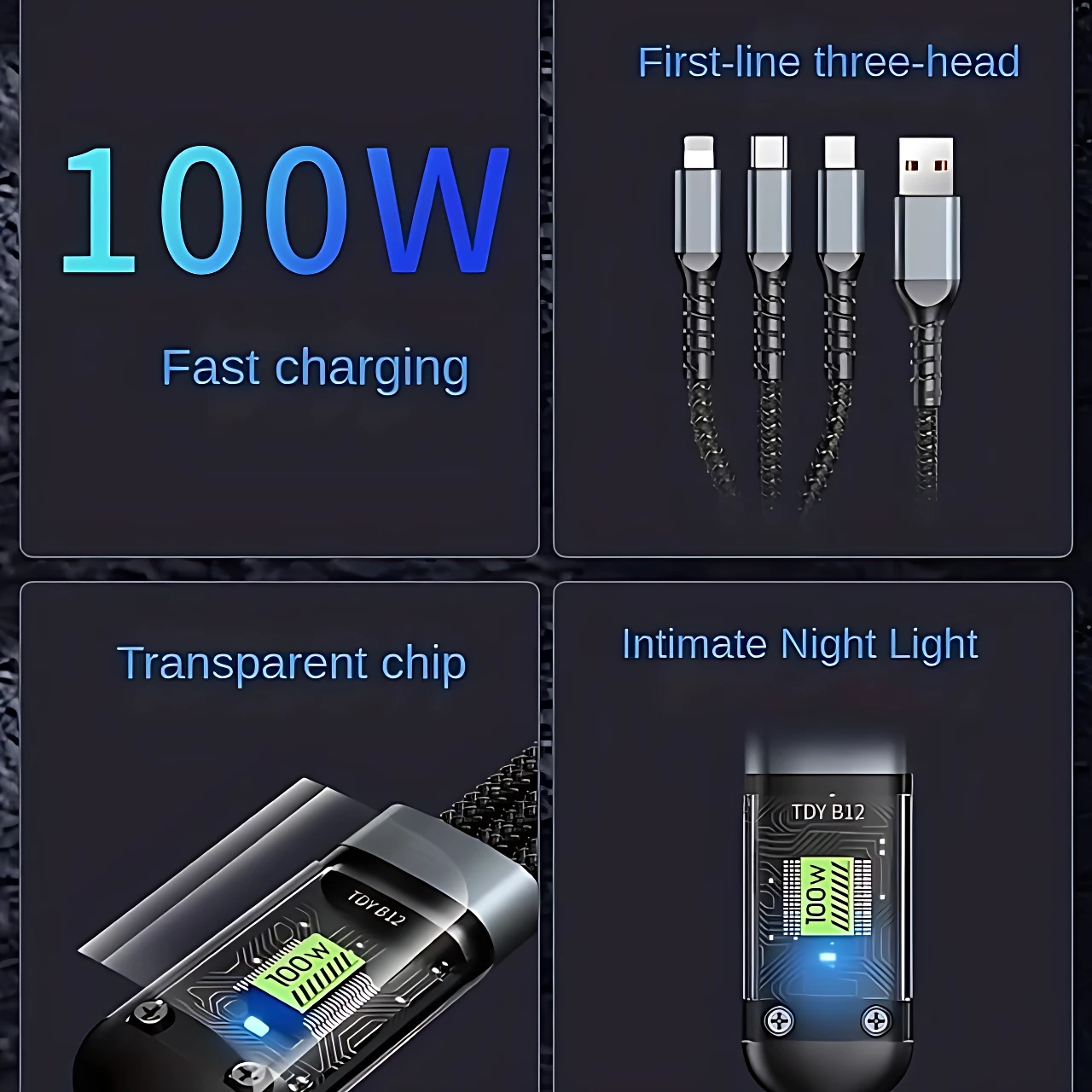 Cable trenzado negro con tres conectores USB-C y uno USB-A, diseñado para carga rápida de 100 W. Incluye chip transparente y luz nocturna integrada.
