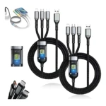 Set de cuatro cables 3 en 1 trenzados en negro, con conectores USB-C, Lightning y Micro-USB, diseñados para carga simultánea de hasta 100 W.