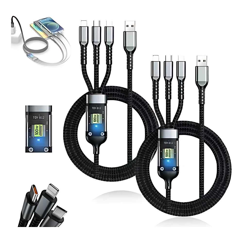 Set de cuatro cables 3 en 1 trenzados en negro, con conectores USB-C, Lightning y Micro-USB, diseñados para carga simultánea de hasta 100 W.