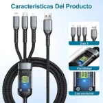 Cable trenzado negro con conector USB-C, Lightning y Micro-USB; incluye indicador LED azul y pantalla digital para monitoreo de carga.