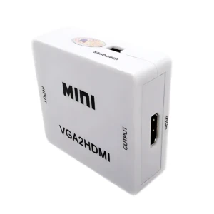 Adaptador VGA a HDMI blanco compacto, con puerto de entrada y salida visibles, ideal para conectar computadoras antiguas a pantallas modernas.