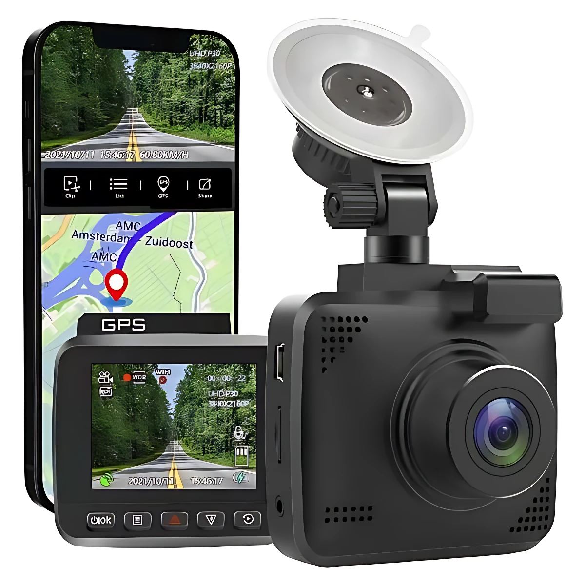 Camara carro negra con GPS integrado, pantalla táctil y soporte adhesivo, mostrando ruta en mapa y grabación en tiempo real.