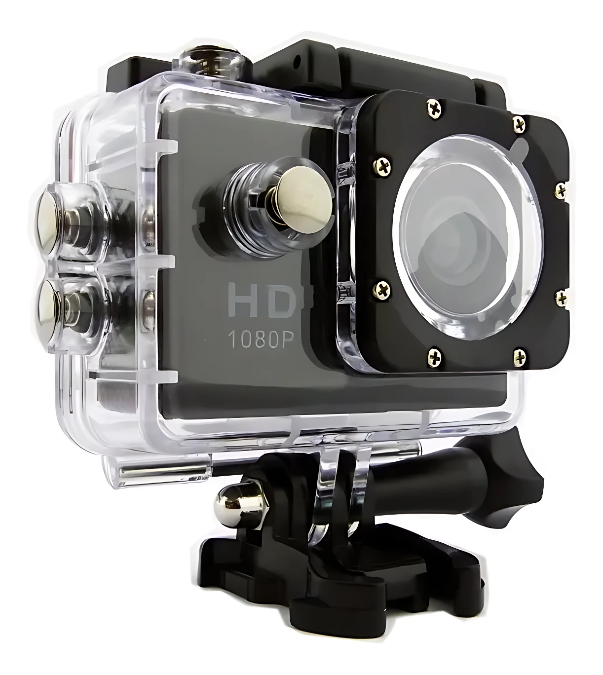 Cámara deportiva Full HD 1080p con carcasa transparente impermeable, detalles negros y soporte de montaje ajustable.