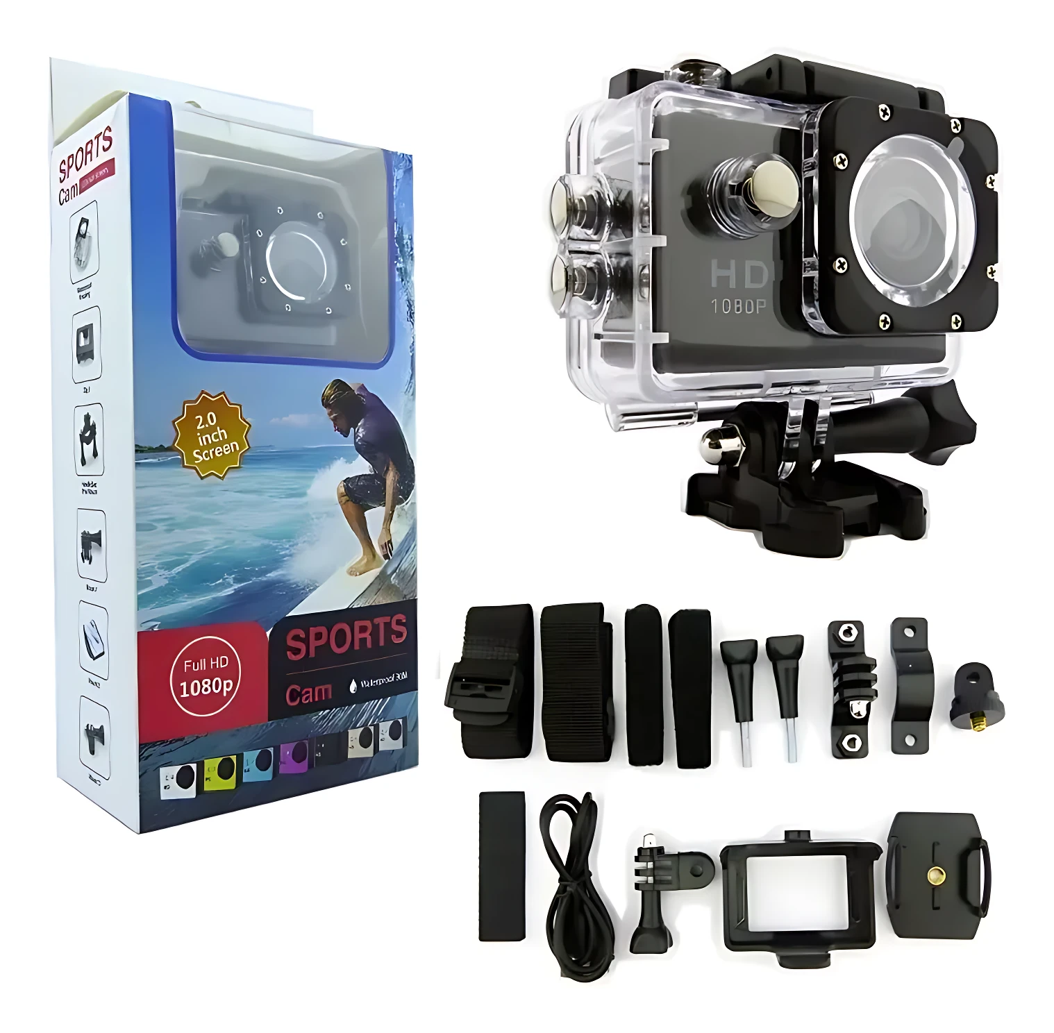 Cámara deportiva negra Full HD 1080p con carcasa impermeable, caja azul y kit de accesorios de montaje y sujeción sobre fondo blanco.