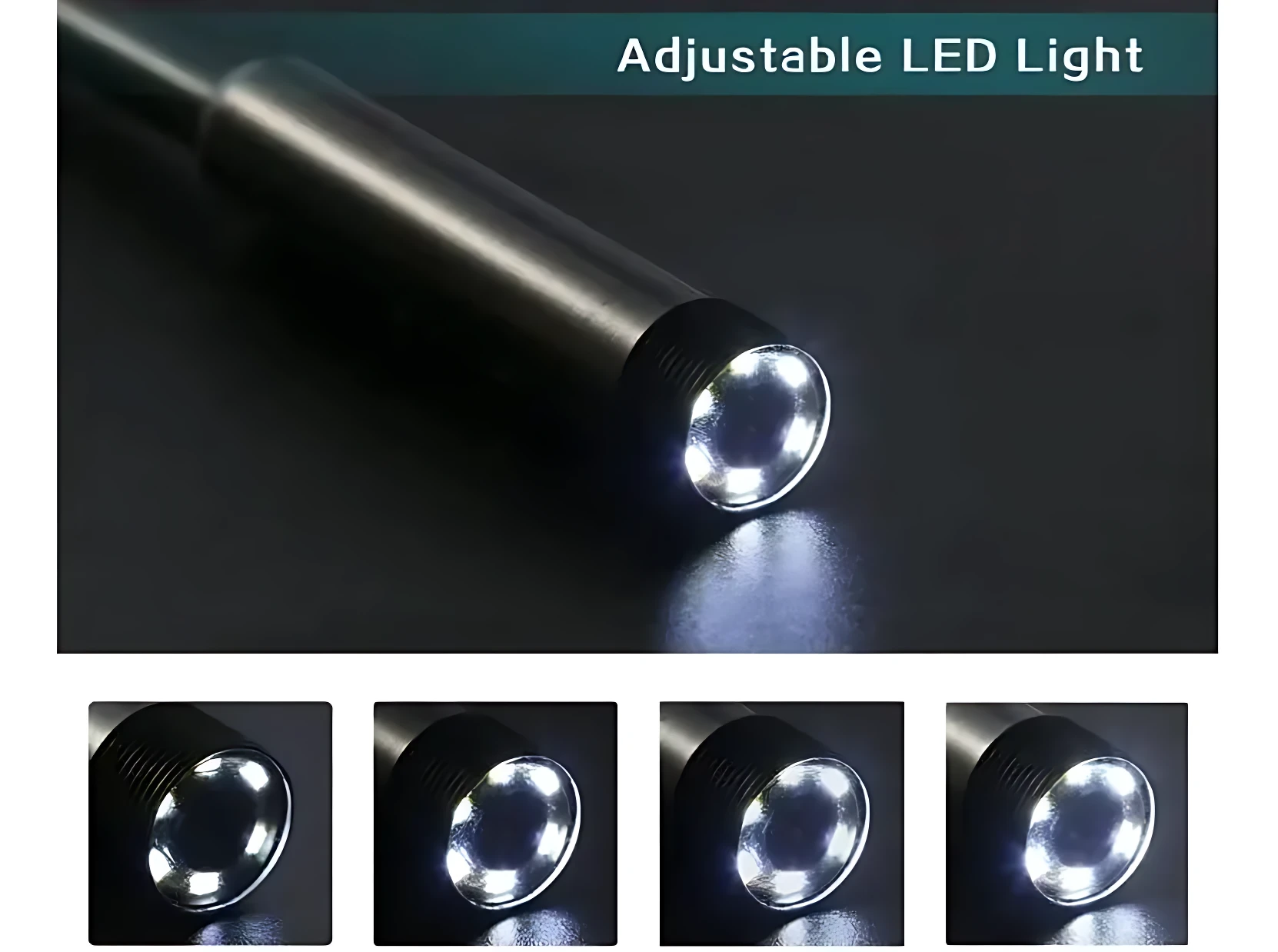 Cámara endoscópica con seis LEDs blancos encendidos, cuerpo cilíndrico metálico negro y lente frontal brillante, vista en primer plano con cuatro vistas adicionales de la cabeza del dispositivo.