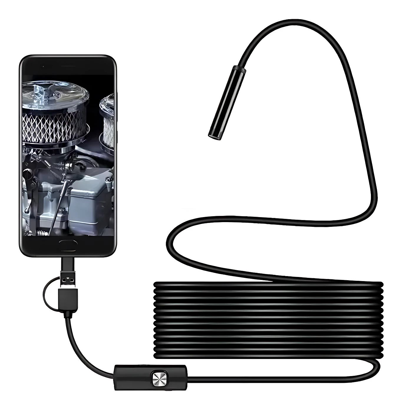 Cámara endoscópica flexible negra con cable enrollado, conectada a smartphone que muestra vista interna de motor con filtros y componentes mecánicos.