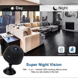 Cámara de seguridad A9 negra con visión nocturna, mostrando vista diurna y nocturna en sala de estar moderna. Incluye iconos de alarma y detección de movimiento.