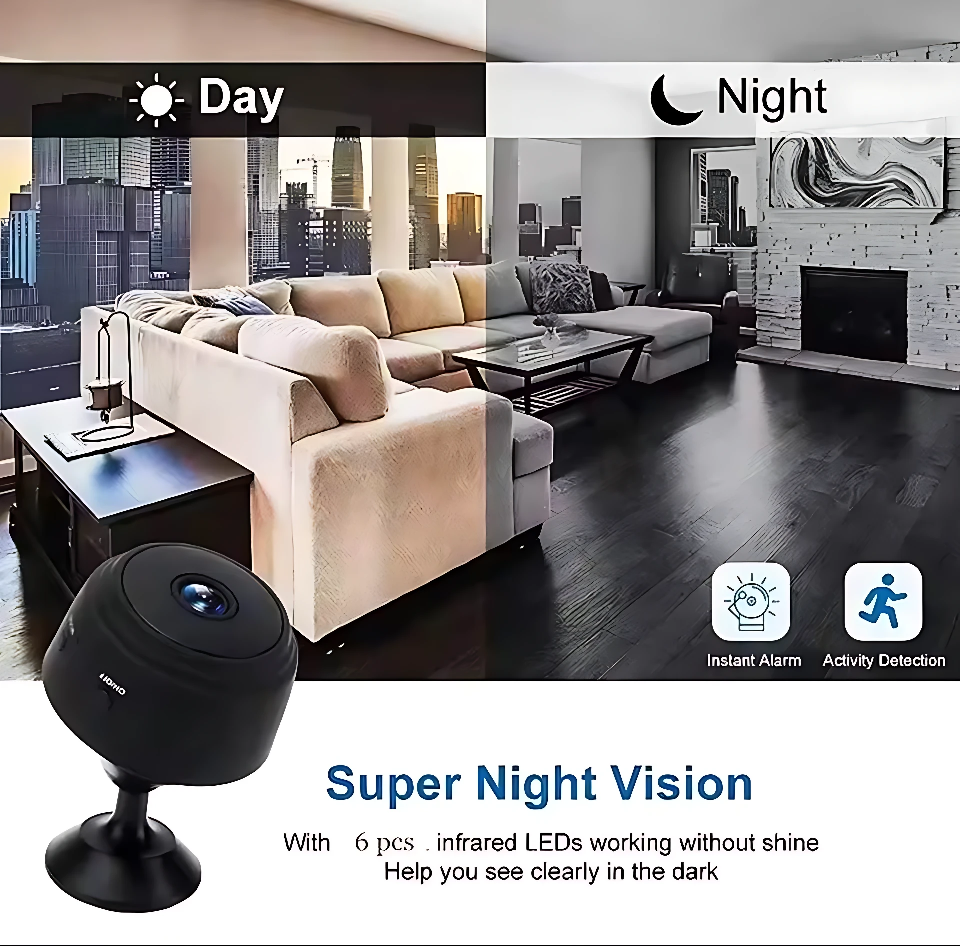 Cámara de seguridad A9 negra con visión nocturna, mostrando vista diurna y nocturna en sala de estar moderna. Incluye iconos de alarma y detección de movimiento.