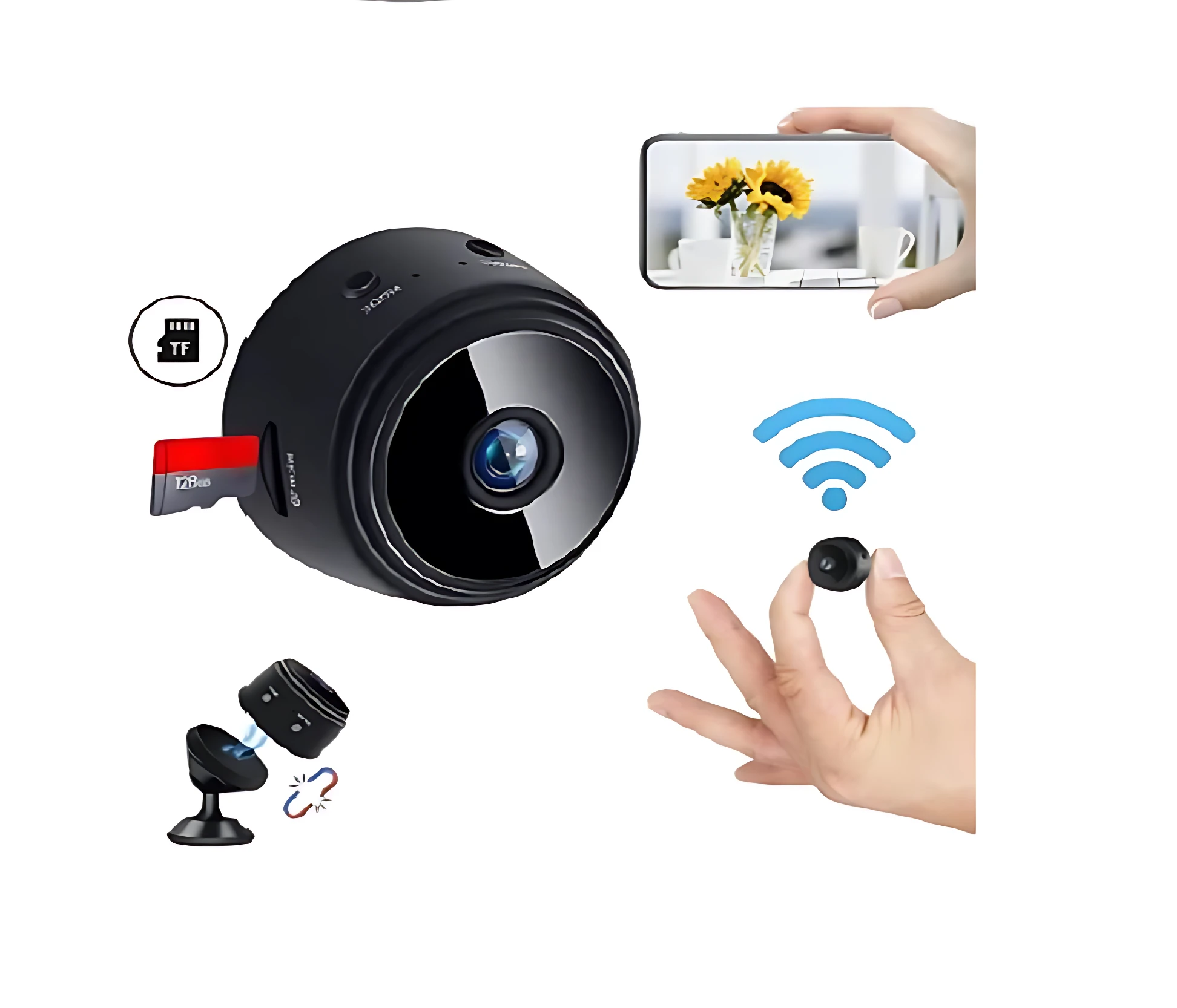 Cámara de seguridad A9 negra con lente frontal, tarjeta microSD roja, soporte de sujeción y mini cámara inalámbrica.