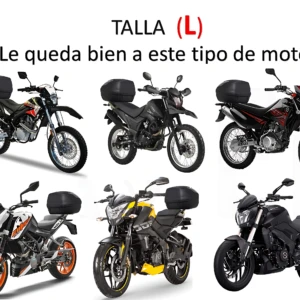 Seis motocicletas de tipo enduro y urbana, en colores negro, rojo, amarillo y naranja, con maleteros traseros y argolla antirrobo. Talla L recomendada para este tipo de motos.