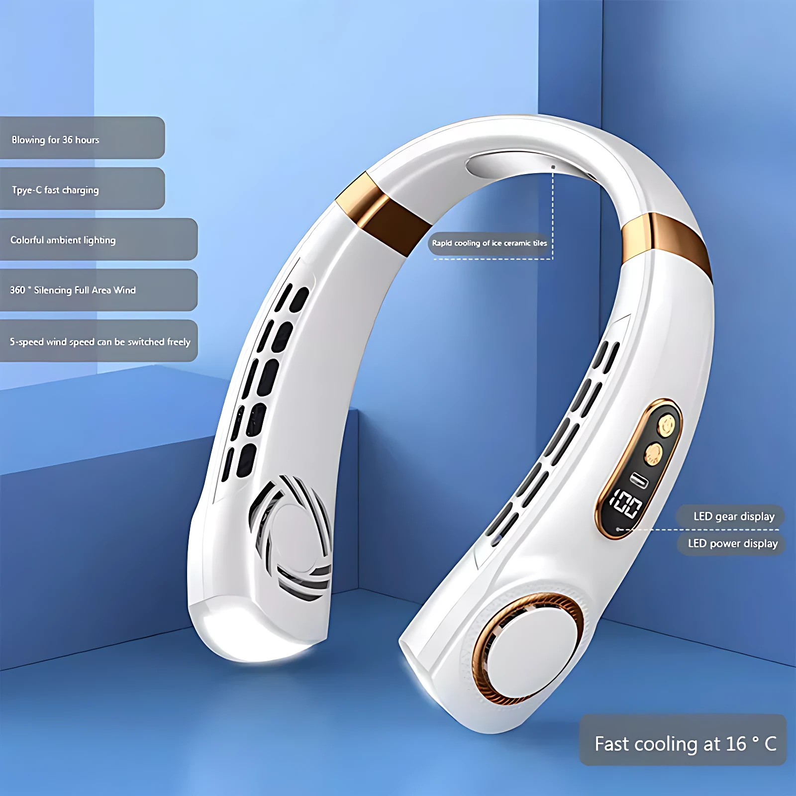 Ventilador de cuello portátil blanco con detalles dorados, diseño ergonómico y panel LED frontal que muestra temperatura. Ideal para uso personal en exteriores o interiores.