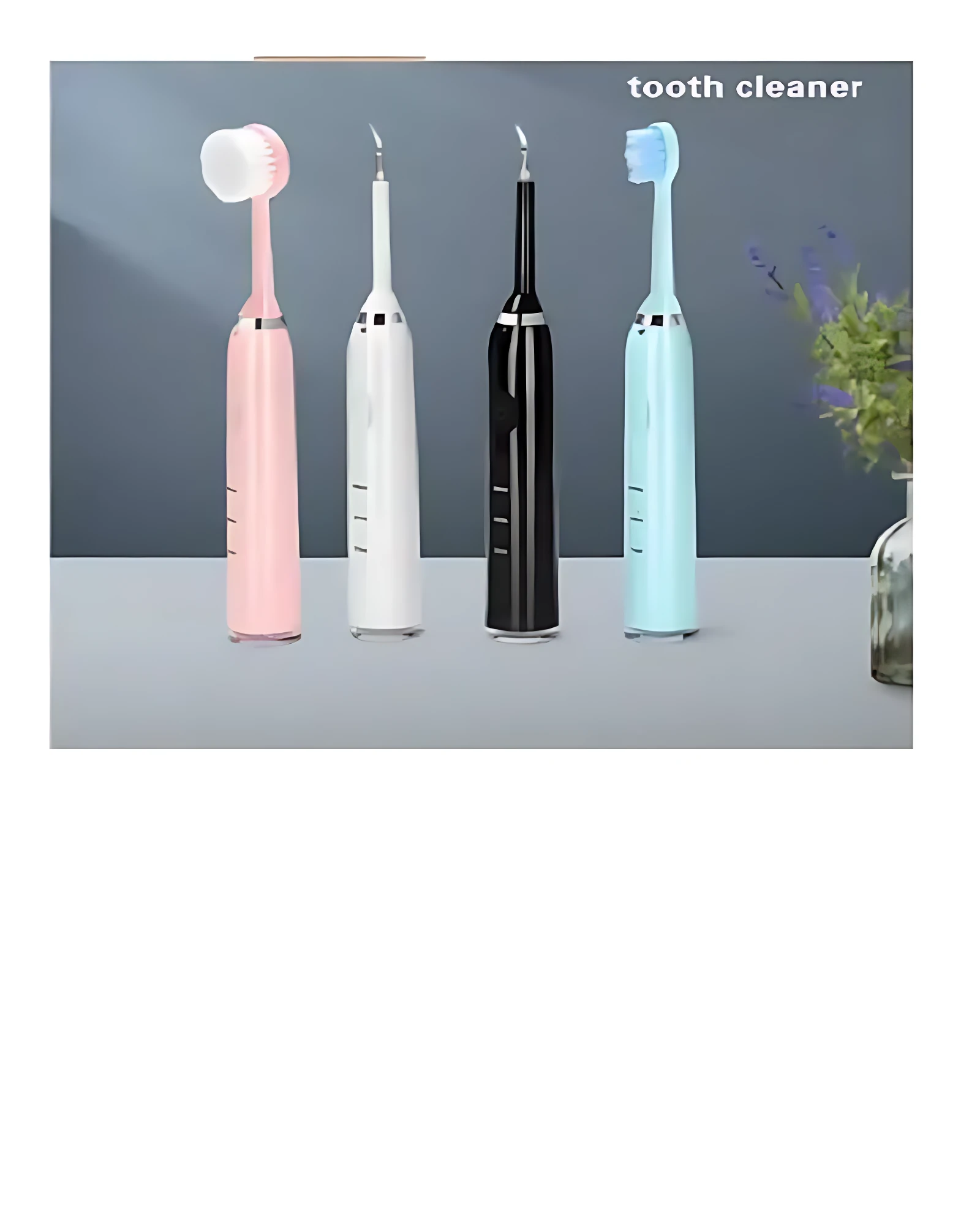 Cuatro cepillos ultrasónicos para limpieza dental en colores rosa, blanco, negro y azul claro, con cabezales intercambiables visibles.